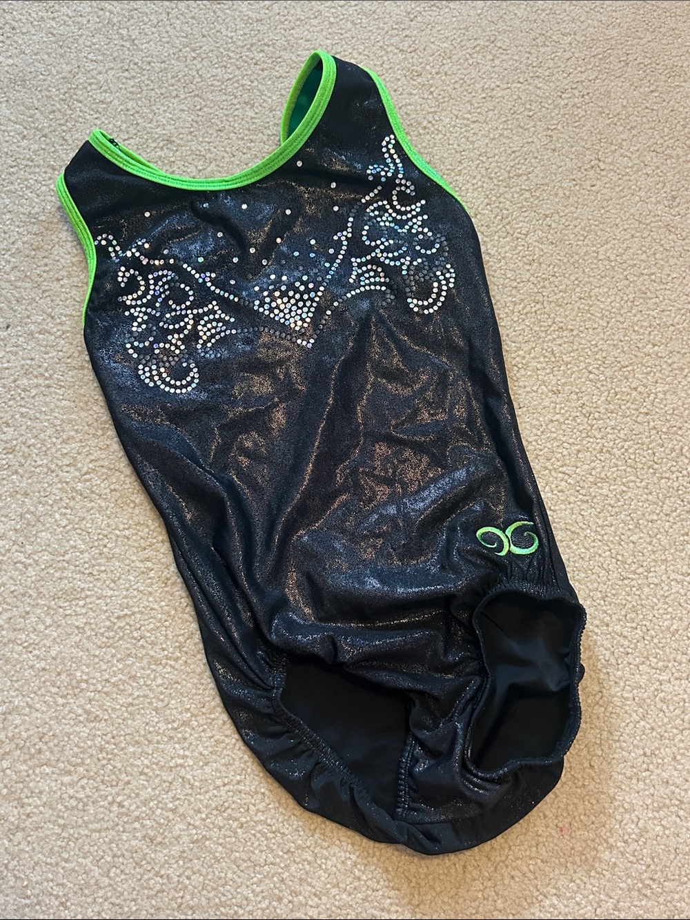 Ozone Girls’ Tank Leotard, Black/Neon Green Sequins, size CL